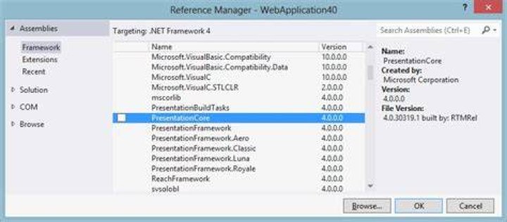 Add PresentationCore assembly reference in web project