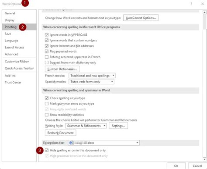Disable spell checking in Word 2016 for one single document