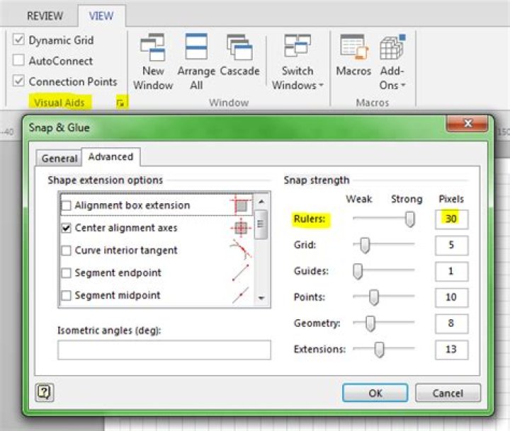Force snapping on grids in Visio 2013