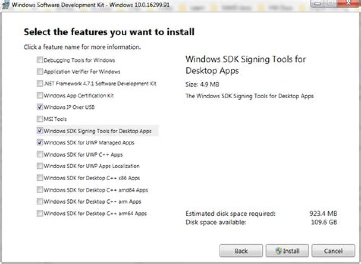 In the Windows SDK installer wizard, click "Change"
