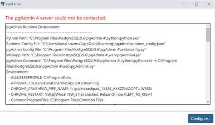 PgAdmin fatal error. The appllication server could not be contacted