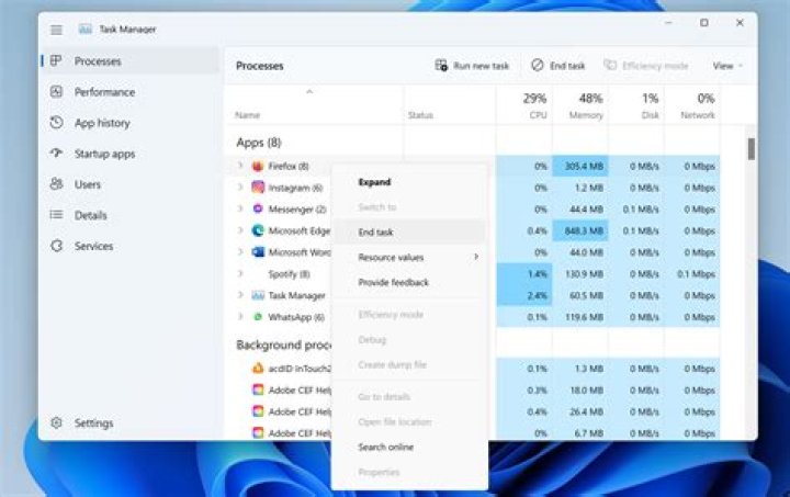 Tasks manager screenshot