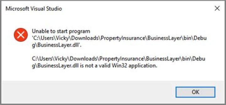 Unable to start program. [VALUE].dll is not a valid Win32 application error in Visual Studio 2017