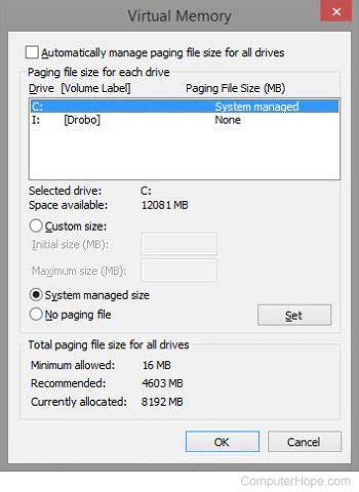 Virtual memory (page file) settings for both C and D drives